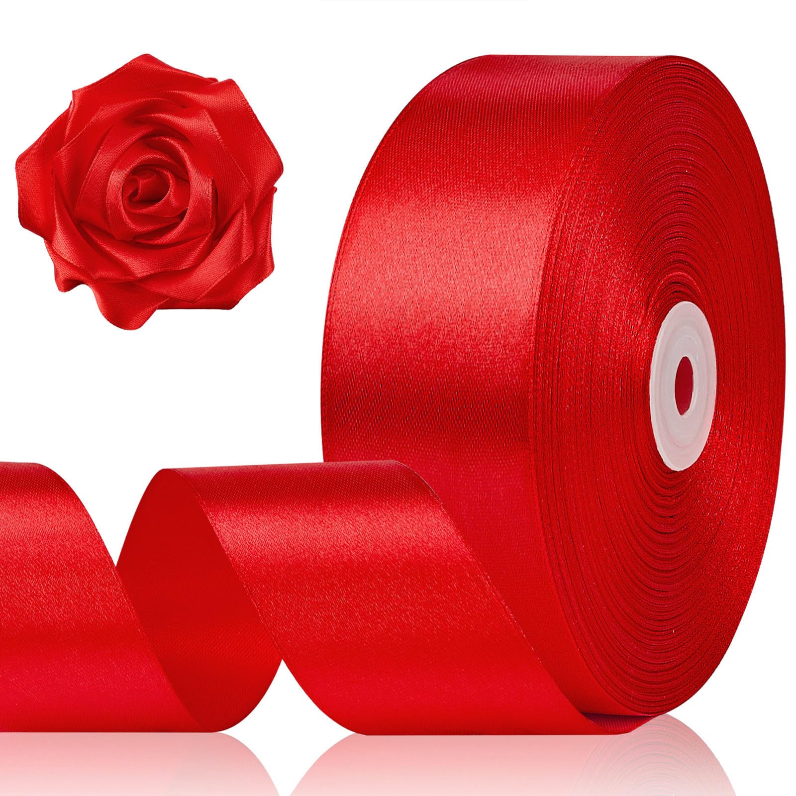 Photo 1 of 1-1/2 Inch 100 Yards Red Satin Ribbon, Solid Fabric Ribbon Roll for Flower Bouquet, Gift Wrapping, Roses Making, Handmade Crafts