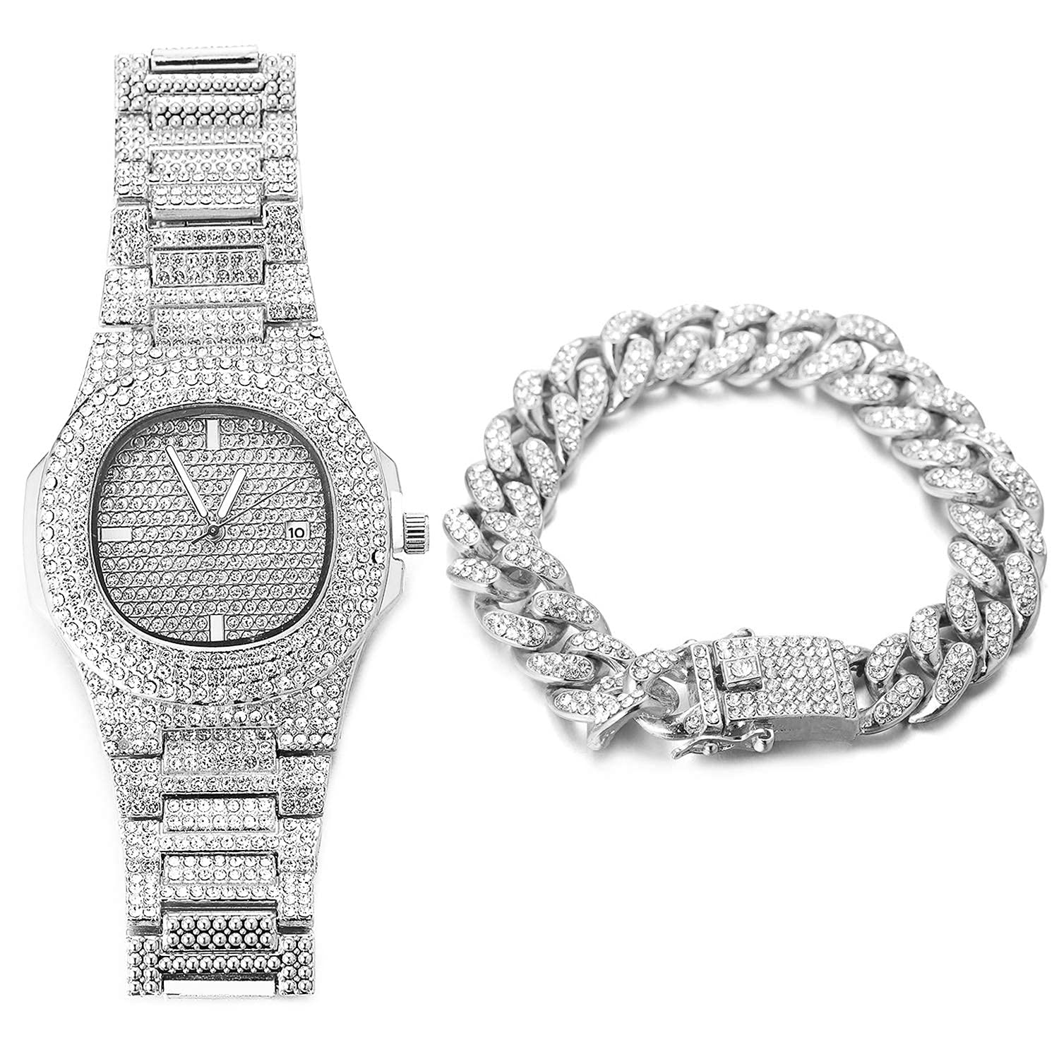 HALUKAKAH Gold Watch Iced Out,Men's Platinum White Gold Plated Quartz Wristband 9.5"(24cm),with Cuban Link Chain 8"(20cm) Bracelet Set,Full Cz Diamonds,Free Giftbox โ image 1