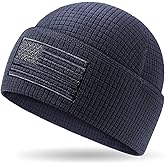 OUTDOOR SHAPING Grid Fleece Cuffed Beanie with American Flag Embroidery Leather, Waffle Tactical Army Police Skull Cap