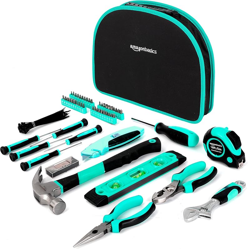 Jeu d'outils avec pochette ronde facile à transporter, 104 pièces (turquoise, 36,6 x 29 x 7,6 cm)
