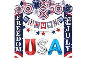DMIGHT 4th of July Decorations, Patriotic Accessories Includes American Flag Porch Banner, Red White and Blue Paper Fans, Balloons for Memorial Day, Fourth of July Outdoor Decorations