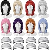 Suncalla 8 Pcs 14 Inch/35 cm Colorful Party Wigs Short, Holiday Anime Cosplay Halloween Costume Wig, Wolf Tail Side Bangs, Temperature Fiber Hairpieces for Halloween Bachelorette Party Daily Use