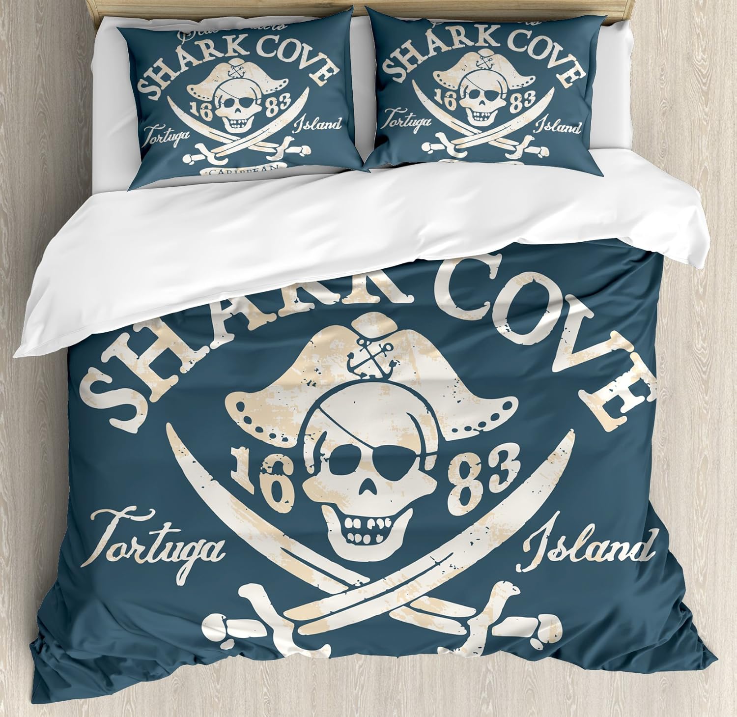 Pirate Queen Size Duvet Cover Set by Ambesonne, Shark Cove Tortuga Island Caribbean Waters Retro Jolly Roger, Decorative 3 Piece Bedding Set with 2 Pillow Shams, Slate Blue White Light Mustard