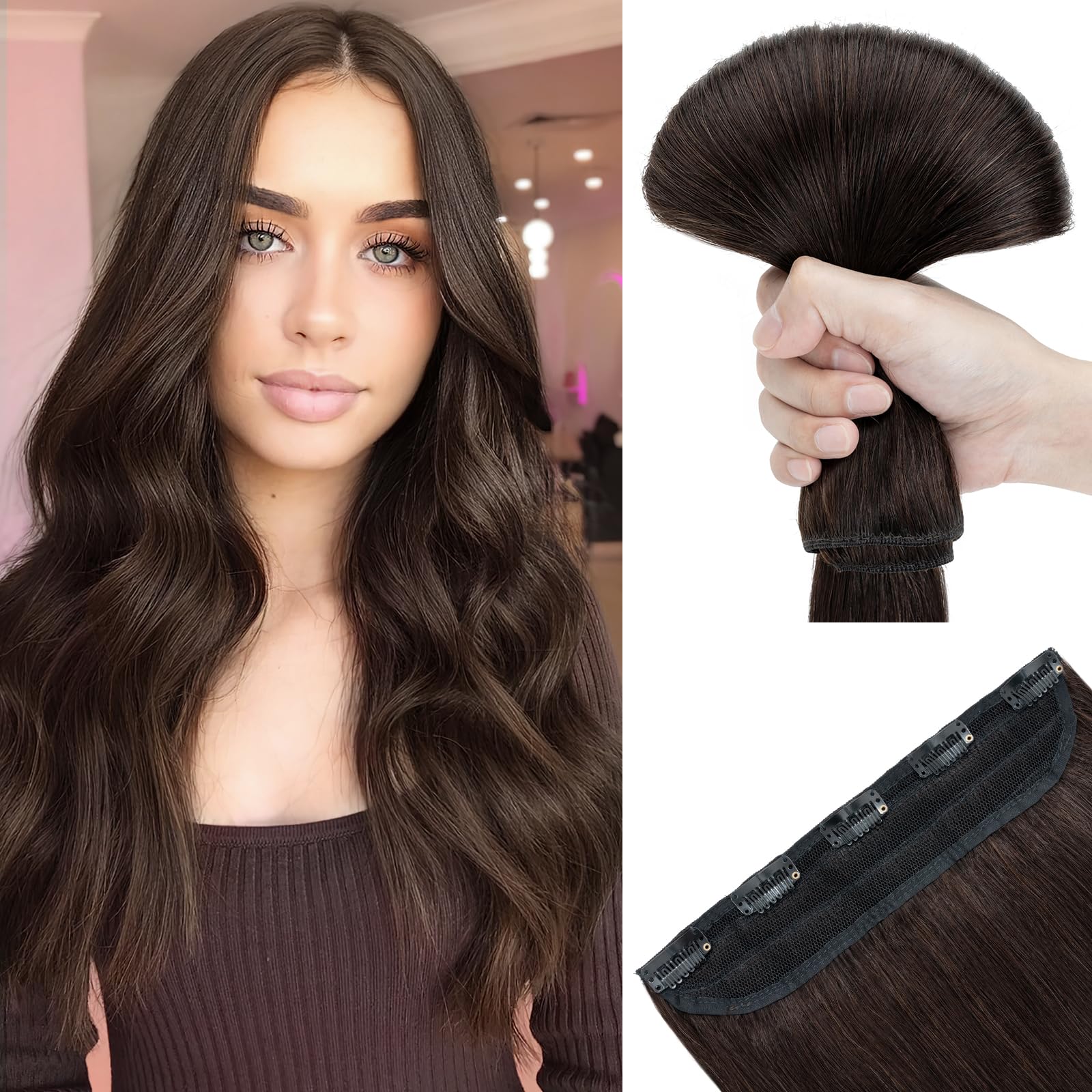 SEGOHAIR Hair Extensions Clip in Human Hair Extensions, 10" One Piece 5 Clips Thick Clip in Hair Extension - 3/4 Full Head -Darkest Brown — image 1