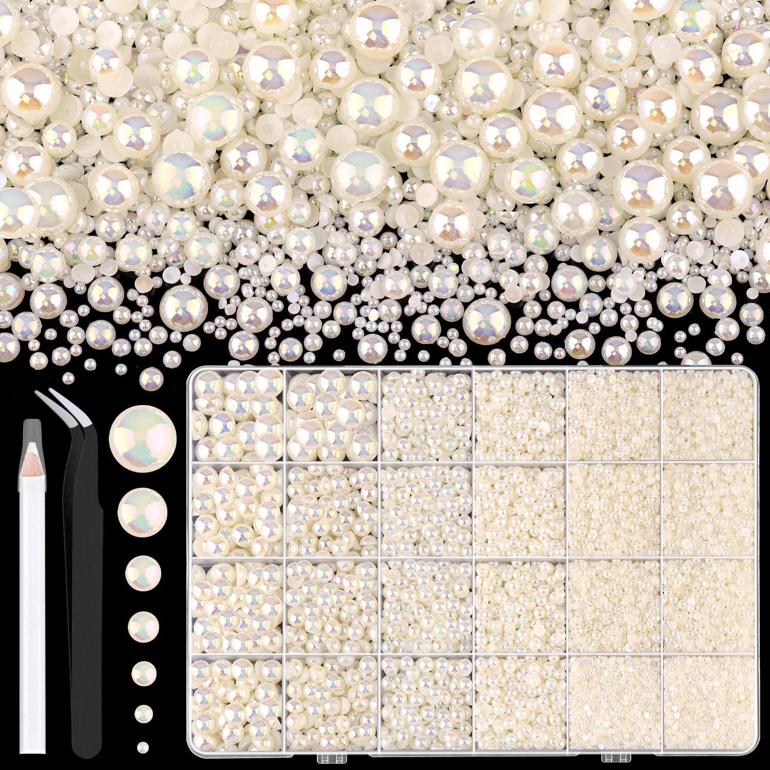 Photo 1 of 13000Pcs Flatback Pearls for Crafting (Beige AB), Assorted Size 2/3/4/5/6/8/10mm Non Hotfix Half Pearl, Bedazzling Bead for DIY Crafts Clothing Tumblers Mugs Shoes Fabric Embellishment Nail Art Makeup