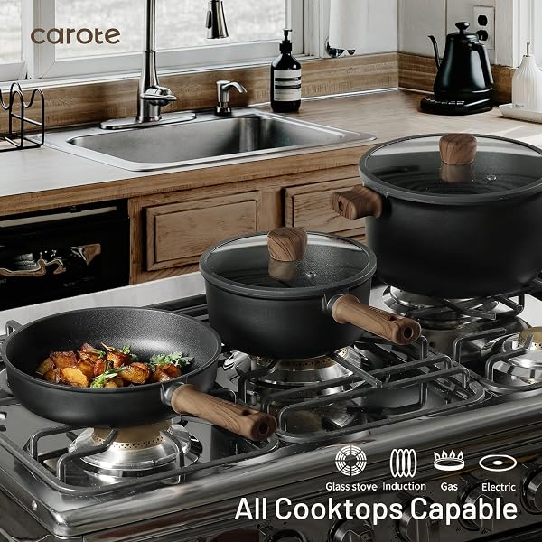 CAROTE NONSTICK POTS AND PANS, INDUCTION TITANIUM COOKWARE SET 16PCS KITCHEN COOKING SETS, POT AND PAN NON STICK W/FRYING PAN (PFOS, PFOA FREE)