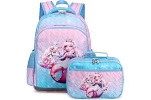 JIANYA Kids Backpack for School Girls Kindergarten Backpacks Lunch Box Set Cute Mermaid Bookbag School Bag with Chest Strap