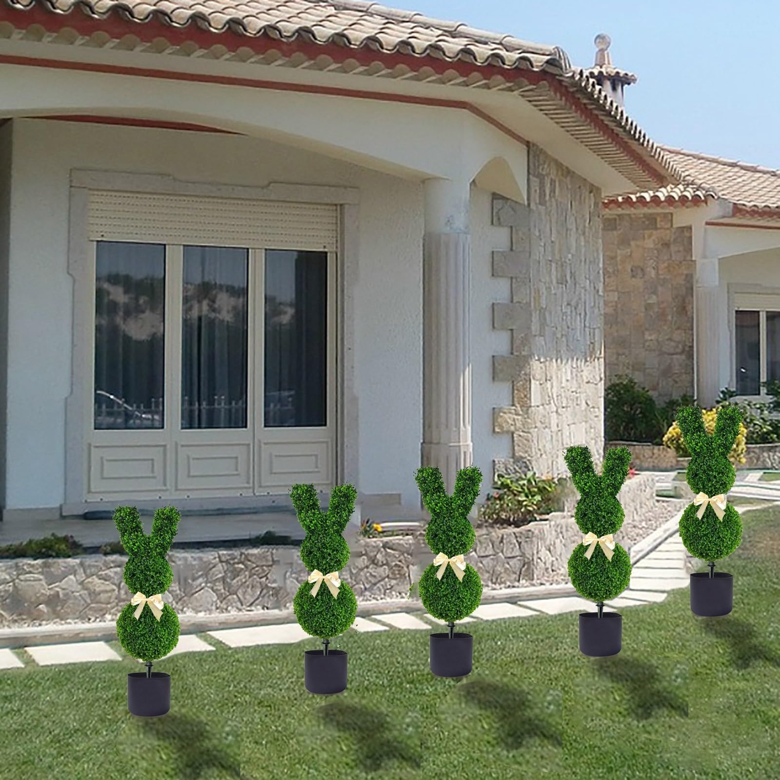 Green Rabbit-Shaped Potted Easter Bunny Insert, 19in Bunny-Shaped Artificial Topiary Tree for Indoor/Outdoor Easter Porch Decorations, 3D Design, Durable & Weather-Resistant (A-1PC-19in)