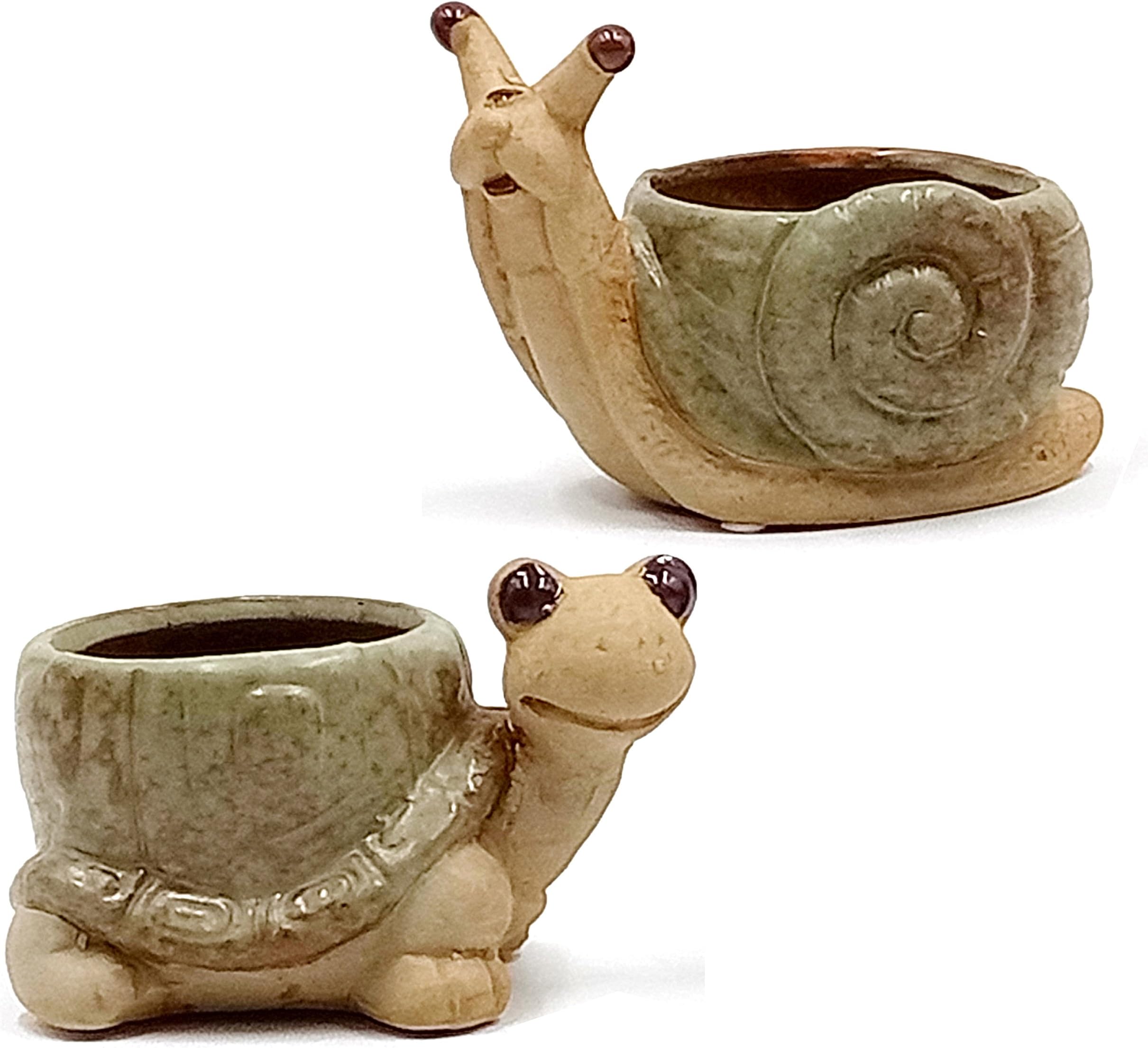 LEANDALE Succulent Pots Cactus Plant Flower Mini Turtle and Snail Animal Pots Rustic Antique Green Set of 2 in Gift Box