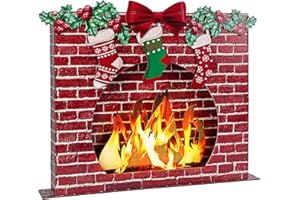 YIBOBO 3D Artificial Wooden Fireplace Prop with Light Strip, 27"x23"x3.4" Red Fireplace Stand Up for Christmas Decor, 3D Fake Fireplace Backdrop for Holiday Party Photo Booth Props, Home Decor