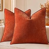 Pallene Fall Burnt Orange Soft Chenille Throw Pillow Covers 18x18 Set of 2 | Decorative Velvet Cozy Modern Farmhouse Square P