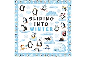 BkeeCten 117pcs Sliding Into Winter Bulletin Board Set with 10 Sheets Glue Dots, Winter Season Cute Penguin Snowman Snowflake Paper Cut-Outs for School Classroom Xmas Bulletin Board Decor