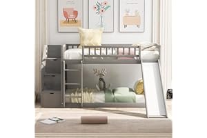 Harper & Bright Designs Low Bunk Bed with Slide and Stairs, Twin Over Twin Wooden Bunk Bed Frame with Storage, for Kids Girls Boys - Gray