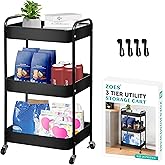 ZOES HOMEWARE 3 Tier Rolling Cart, Metal Utility Cart with 4 Hooks, Rolling Storage Cart on Wheels, Small Organizer Cart for Nursery, Kitchen, Living Room, Bathroom, Black