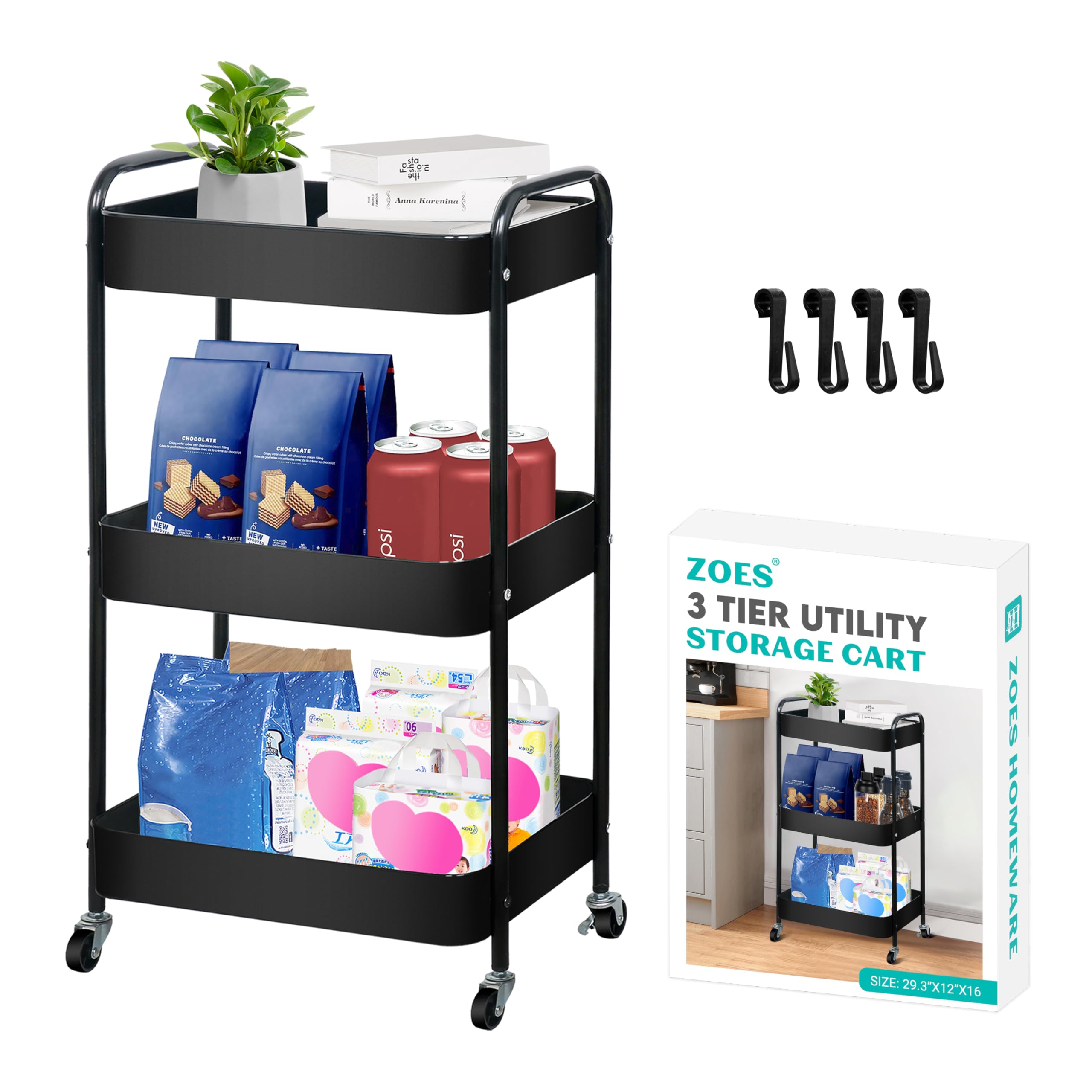 Photo 1 of ZOES HOMEWARE 3 Tier Rolling Cart, Metal Utility Cart with 4 Hooks, Rolling Storage Cart on Wheels, Small Organizer Cart for Nursery, Kitchen, Living Room, Bathroom, Black
