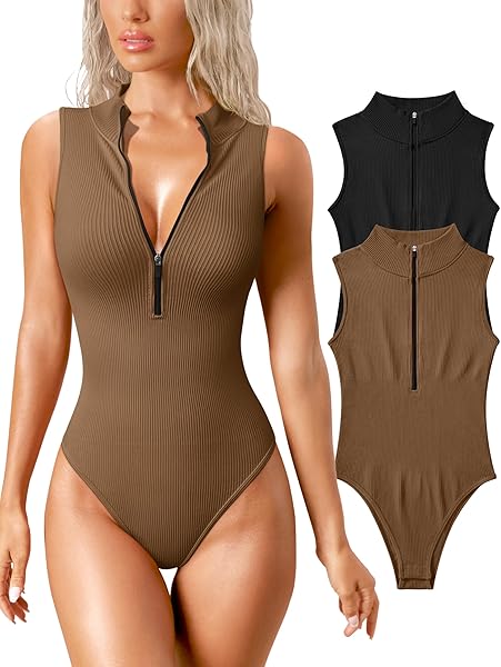 OQQ WOMEN‘S 2 PIECE BODYSUITS SEXY RIBBED STRETCH SLEEVELESS ZIP FRONT BODYSUITS BLACK COFFEE