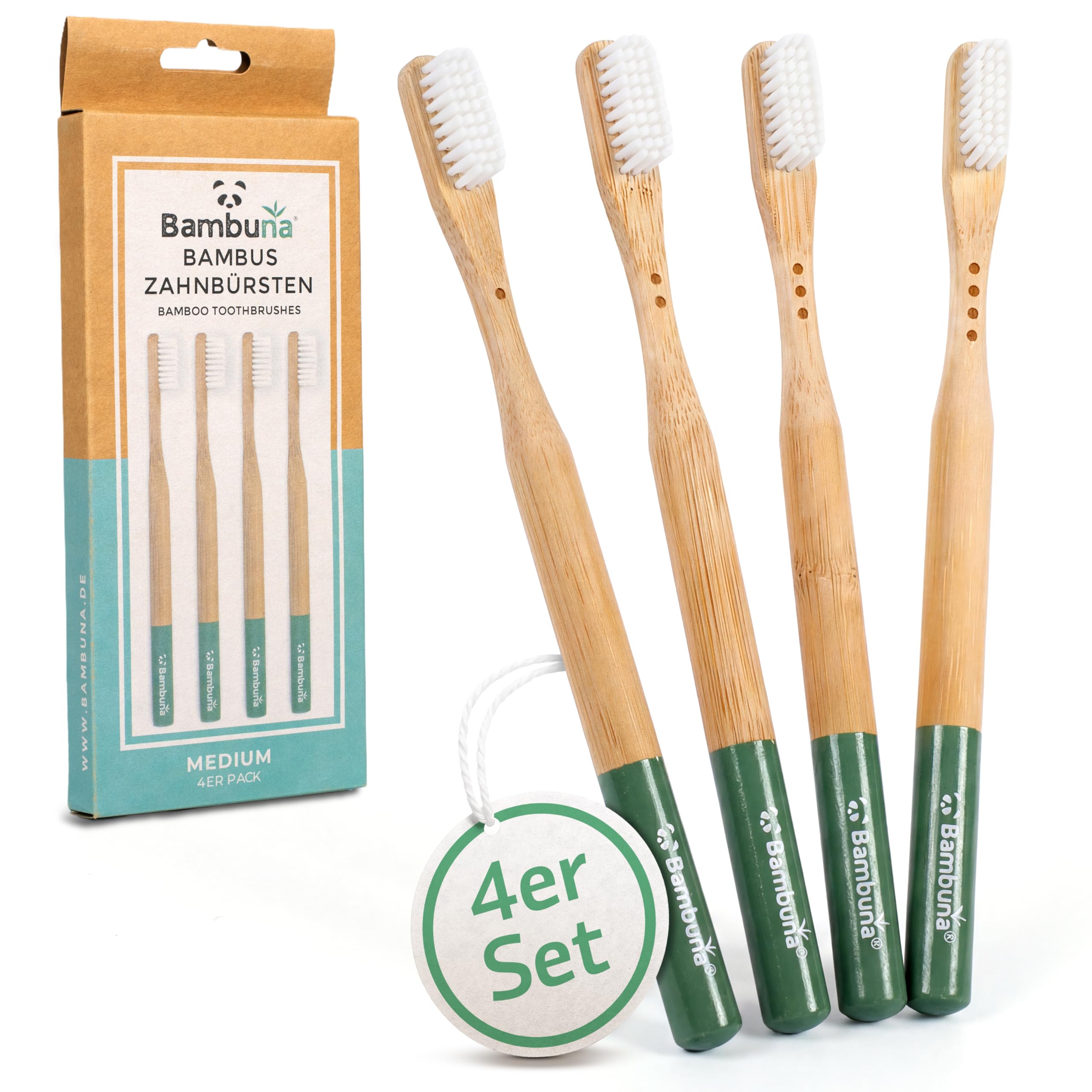 Bambuna Set of 4 Vegan Toothbrushes, Plastic-Free, Bamboo Toothbrush with Castor Oil Bristles, Medium Soft, Natural Lacquer Coating, BPA-Free, Marking on the Handle, Sustainable Manual Toothbrushes