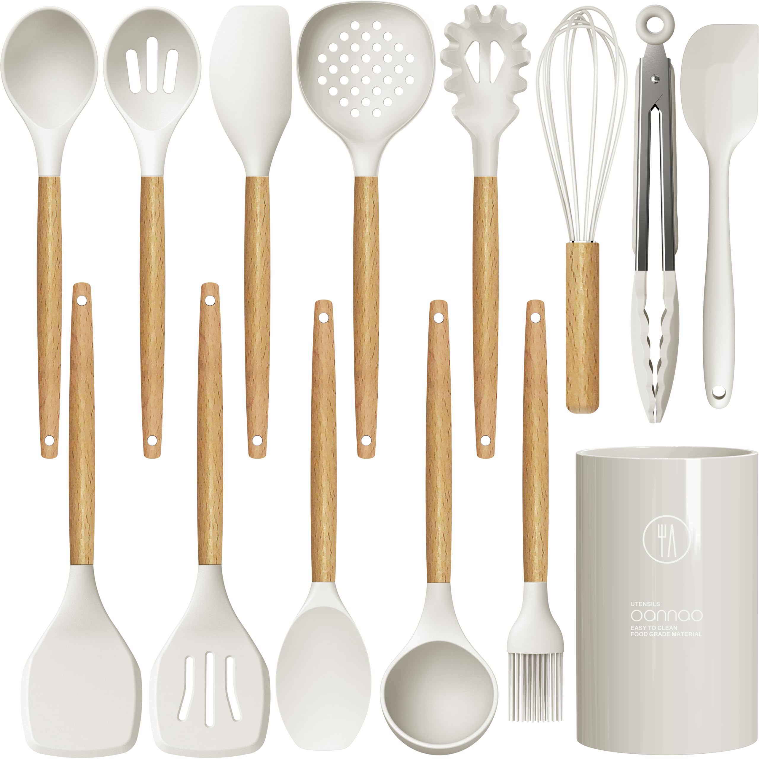 Photo 1 of (PARTIAL SET) Silicone Cooking Utensils Set - 446°F Heat Resistant Silicone Kitchen Utensils for Cooking,Kitchen Utensil Spatula Set w Wooden Handles and Holder for Non-Stick Cookware, BPA FREE (Cream White)