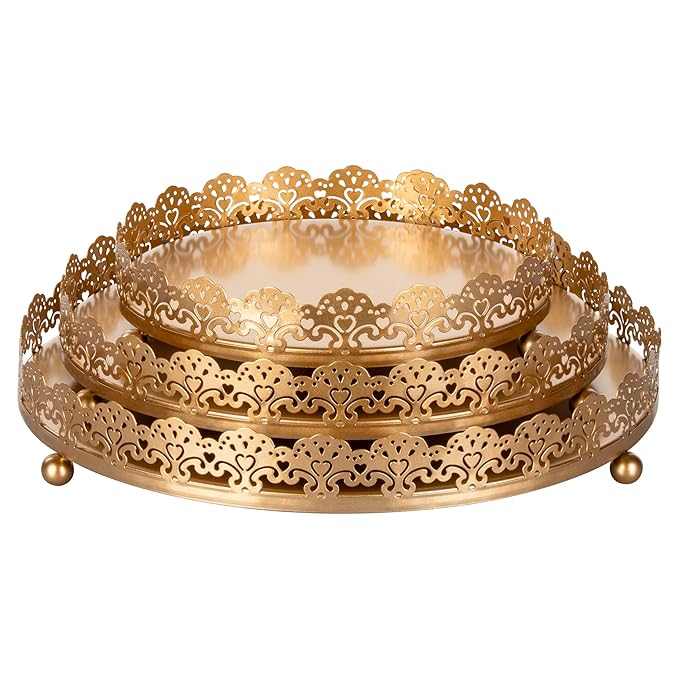 Sophia 3Piece Gold Decorative Tray Set, Round Metal Ornate Accent