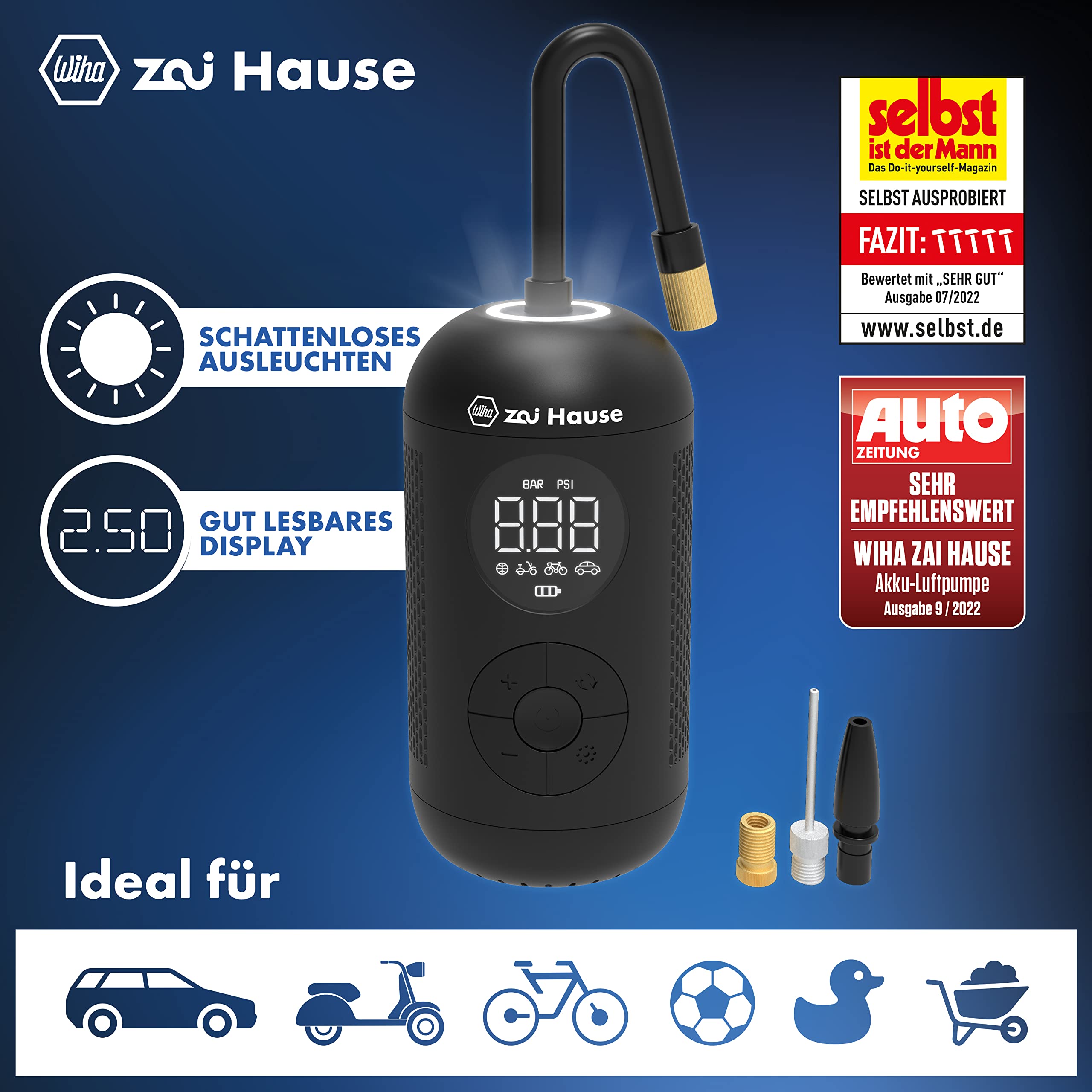 Wiha zai Hause Elektrische Luftpumpe für Fahrrad & Auto mit Akku 3,7 V inkl. Adaptern für Motorrad/Ball/Rad/Kfz bis zu 10 bar/150 psi I Mobiler Kompressor mit LED-Ringlicht I Fahrradluftpumpe tragbar 2