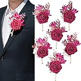 BENCENTRE Hot Pink Boutonniere for Men,Prom boutonnieres,Groom and Groomsmen Boutonniere for hot Pink Wedding Ceremony Anniversary, Formal Dinner Party and Grad Night (Set of 6)