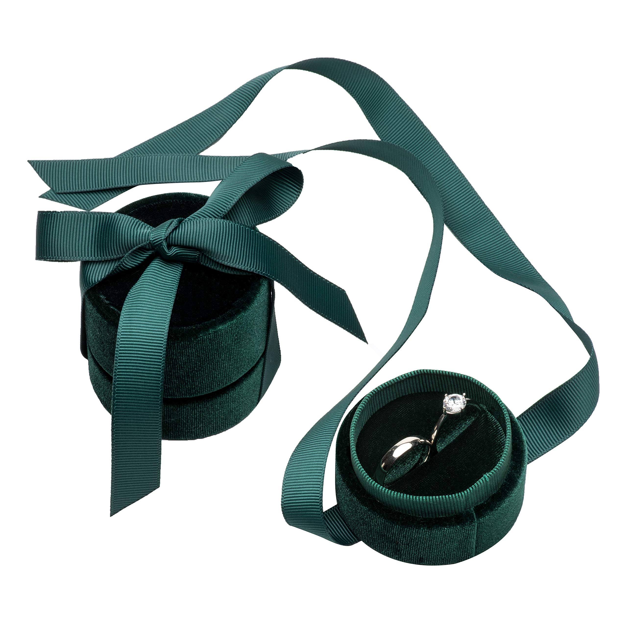 POKOFO Velvet Double Premium Round Ring Bearer Box Elegant Silk Bow Jewelry Storage Organizer Gift (Green)