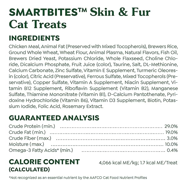 GREENIES CAT TREATS, FELINE SMARTBITES, SKIN & FUR HEALTH, CRUNCHY AND SOFT CAT TREATS, CHICKEN FLAVOR, 16 OZ. TUB