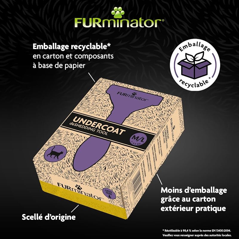 Outil de Toilettage pour Chat à Poils Courts de moyenne à grande Taille – Brosse anti-mue M/L à manche ergonomique - Elimine 90% des poils morts - Nettoyage en 1 clic - Emballage recyclable