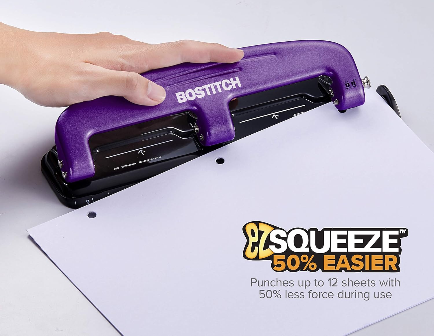 Bostitch Office EZ Squeeze Reduced Effort 3-Hole Punch, 12 Sheets, Purple (2105), 1.6" x 3" x 11" : Desk Staplers : Office Products