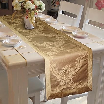 Lushomes Gold Pattern 1 Jacquard Table Runner With Polyester Border (Size: 16X72), Single Piece