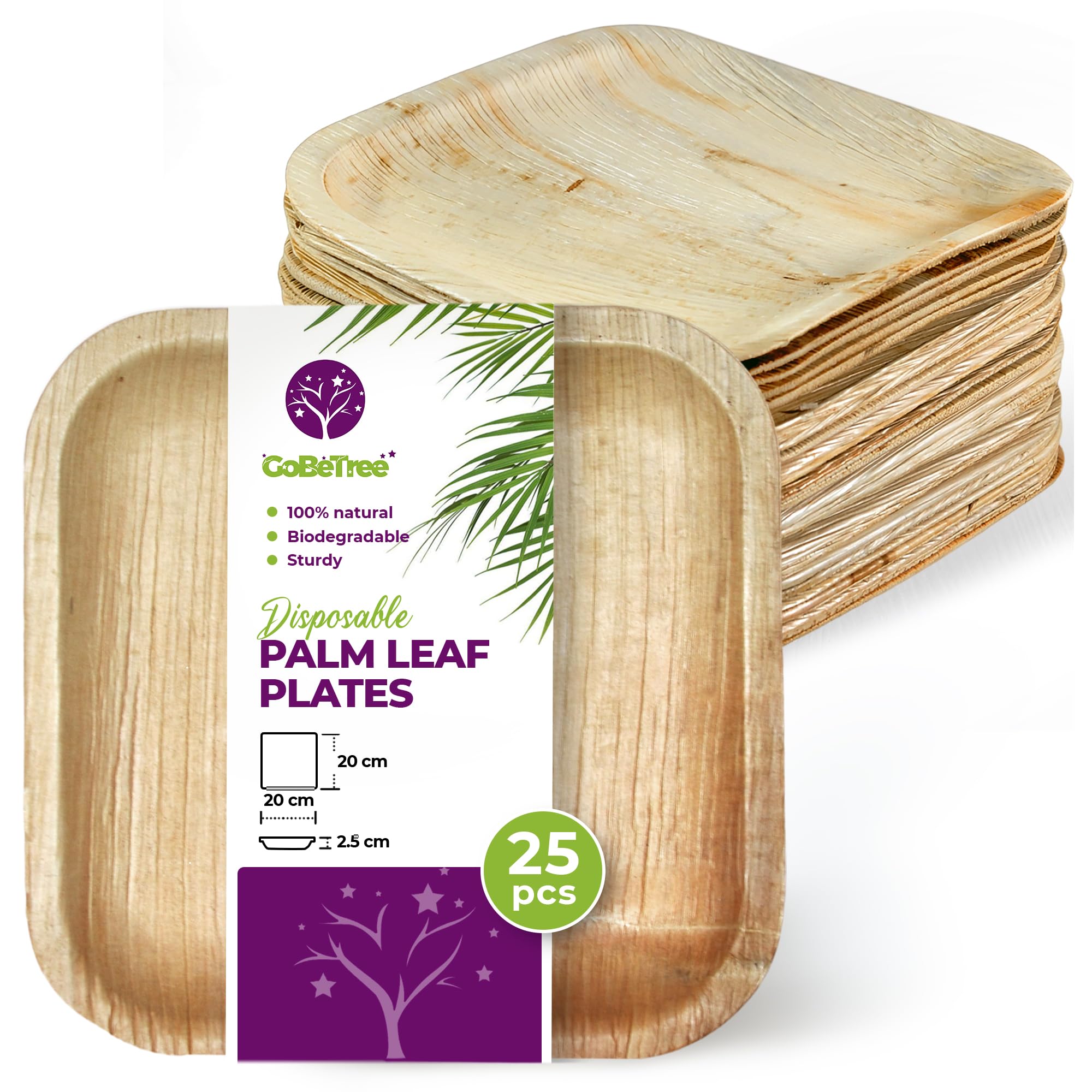 GoBeTree Palm Leaf Disposable Plates 30 Pieces, 25 Square Plates of 8" and 5 Plates of 4". Rustic Wooden Tableware for barbecues and Birthdays. Biodegradable.