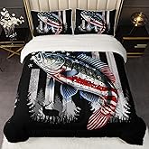 HOSIMA Soft and Plush Reversible Micromink and Sherpa Comforter with 2 Pillowcases,American Flag Fishing Bedding Queen Comforter Set,Fishing Theme Fuzzy Comforter for Girls Boys Room Decor.