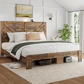 SAMTRA King Farmhouse Bed Frame with Headboard, LED Lights, USB Charging | Wooden Platform Bed with Sturdy Slat Support, No Box Spring Needed, Easy Assembly, Modern Farmhouse Design, Brown