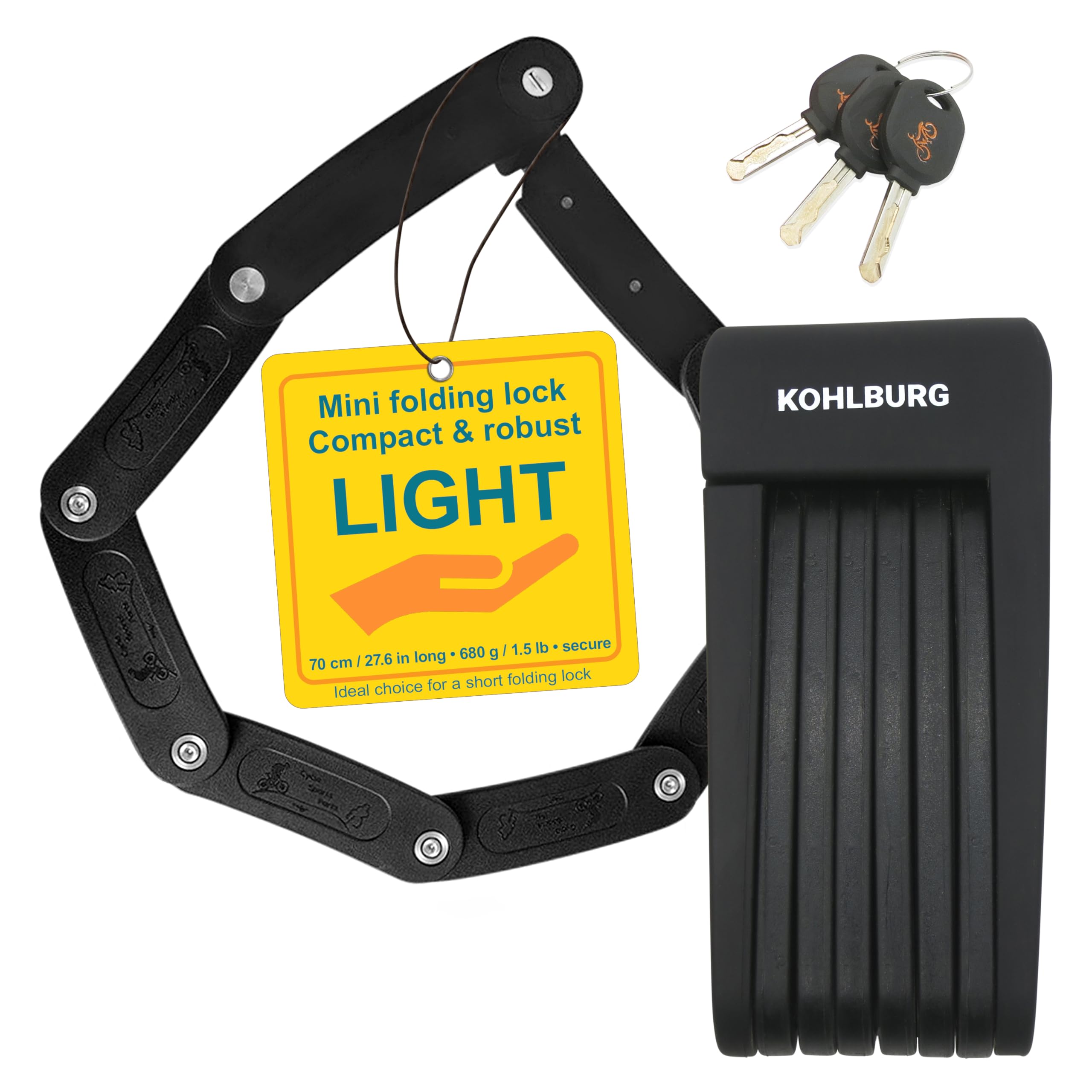 KOHLBURG Light & Small Folding Lock - 680g Light & 70cm Long - Secure Bicycle Lock Made of Hardened Steel for E-Bike & Bicycle with Bracket