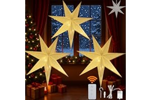 YPGFDZYDHH 3 Pack 23" Paper Star Lantern with LED Lights,7-Point Hanging Star Light for Christmas, Wedding, Birthday–Embroidered White 3D Paper Lantern with Remote for Indoor Outdoor Decor