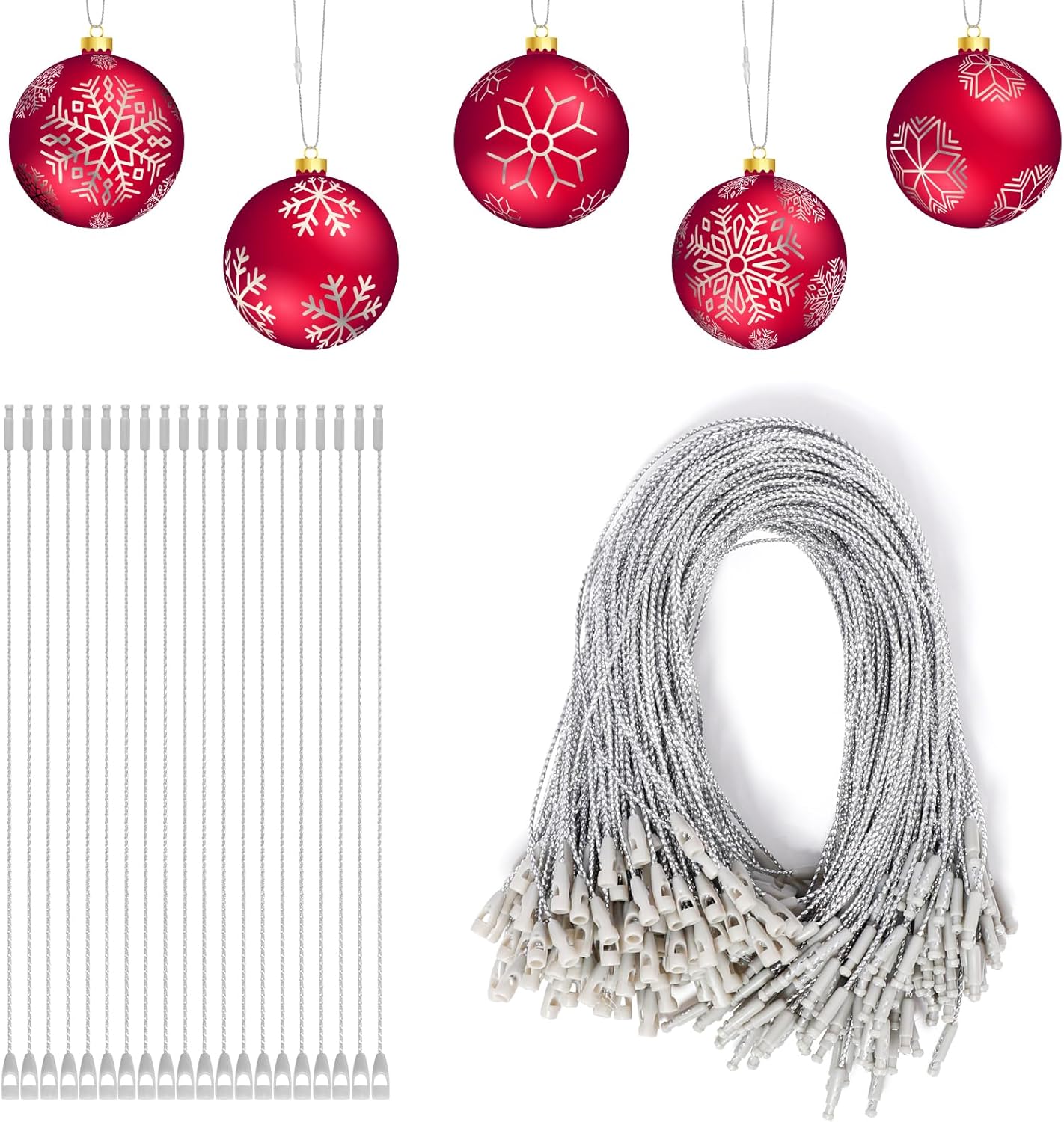 Ornament Hooks - YOULEY 200Pcs Ornament Hangers Silver Ornament String with Snap Locking Christmas Ornament Hangers for Christmas Tree Ornament Decorations