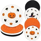 Whaline 4 Pack Halloween Handmade Braided Drink Coasters Black Orange Pumpkins Witch Hats Absorbent Cotton Cup Coasters Heat Resistant Cup Mats for Halloween Home Kitchen Office Table Decor, 4.3 Inch