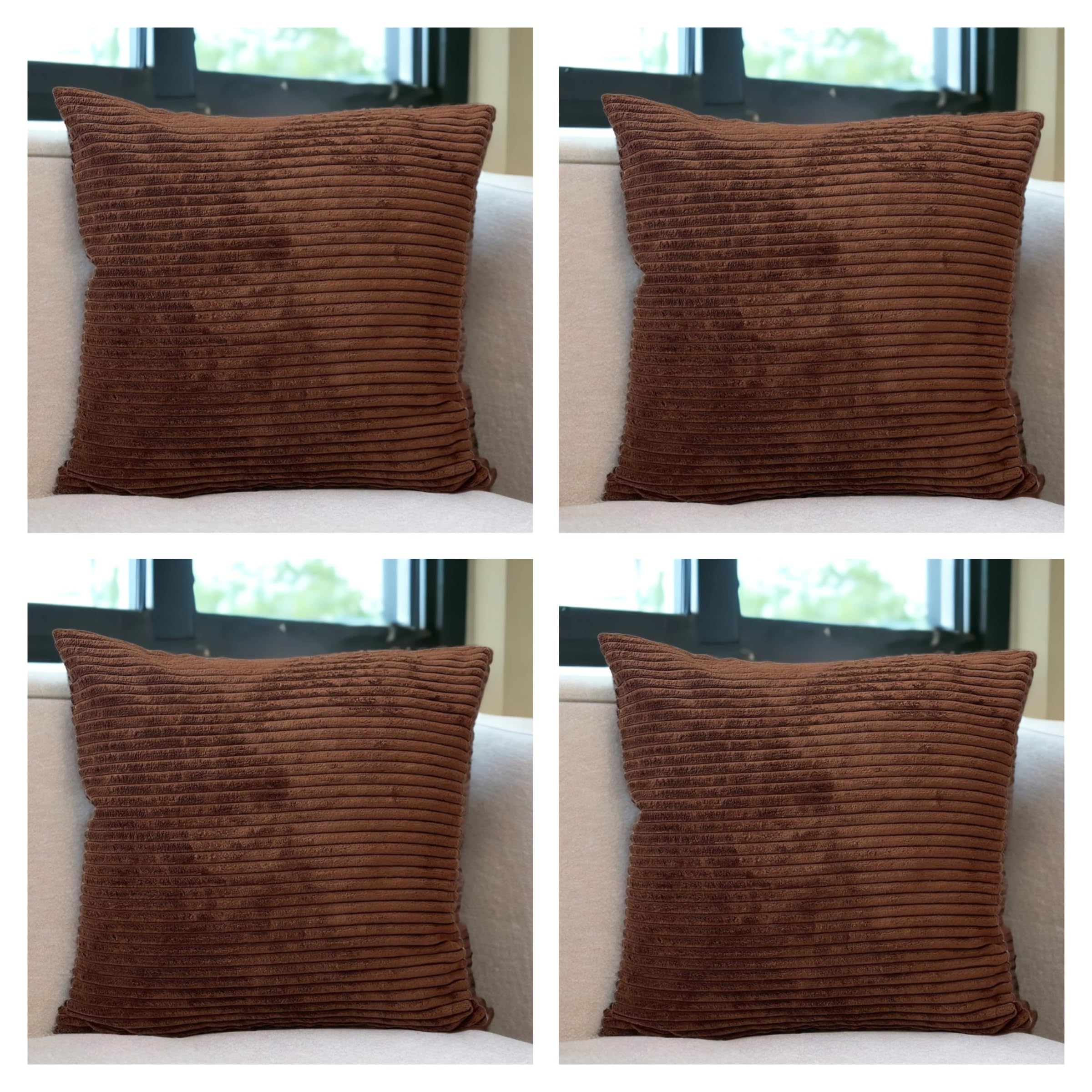 Seechoo Set of 4 - Corduroy Brown Sofa Cushion Covers 45 x 45 cm Decorative Pillows | Soft Ribbed Throw Pillow Covers for Sofa Cushions Couch Bed Living Room Home Decor 18x18