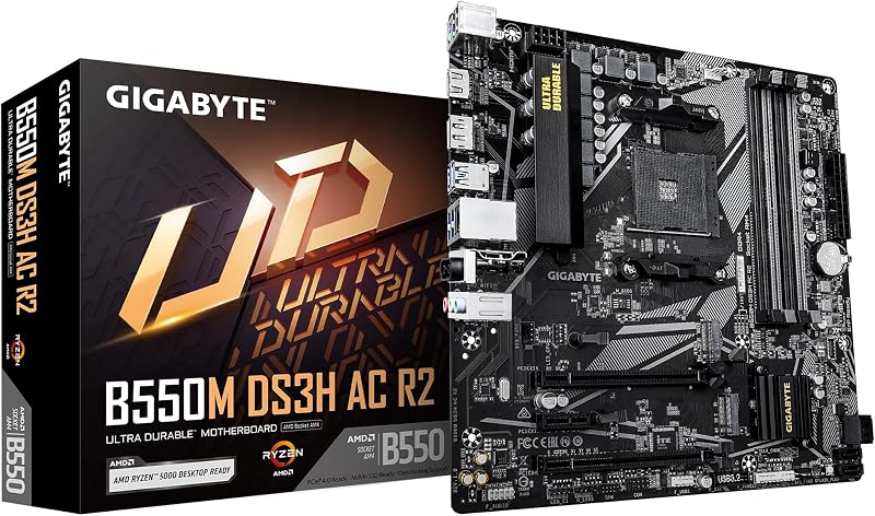B550M DS3H AC R2 Scheda madre - CPU AMD Ryzen 5000, VRM a 5+3 fasi, fino a 4733 MHz DDR4 (O.C.), 1x M.2 PCIe 4.0 + 1x M.2 PCIe 3.0, Wi-Fi 5, LAN 1 GbE, USB 3.2 Gen 1