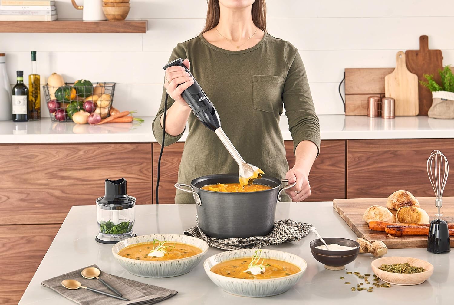 Braun 3-in-1 Immersion Hand Blender, Powerful 400W Stainless Steel Stick Blender, 21-Speed + 1.5-Cup Food Processor, Whisk, Beaker, High Quality, Easy to Clean, MultiQuick MQ5025: Kitchen & Dining