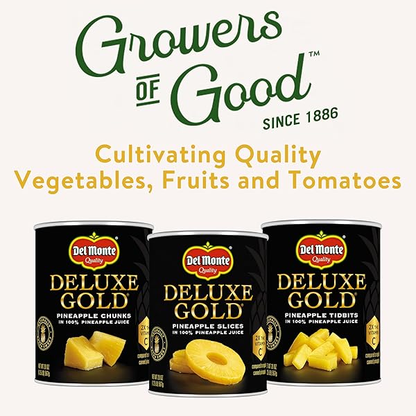 DEL MONTE DELUXE GOLD PINEAPPLE TIDBITS IN 100% PINEAPPLE JUICE, 20 OZ CAN, CANNED FRUIT