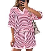 PRETTYGARDEN Women 2 Piece Lounge Sets Short Sleeve V Neck Striped Tops Drawstring Short Sets Beach Summer Outfits 2026