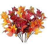 INXUGAO 6 Pcs Artificial Maple Leaves Stems 21.6“ Fake Fall Leaves Plants Outdoor Greenery for Home Farmhouse Thanksgiving Table Centerpiece Fireplace Halloween Décor, Orange Red