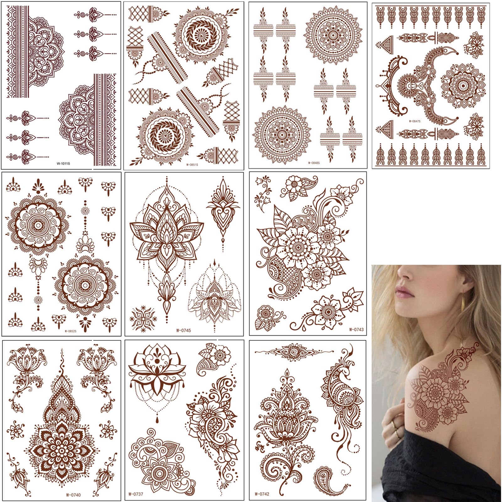 Temporary Tattoos 10 Sheet For Women Young People Mandala Flower Tattoo Stickers Indian Brown Lace Tattoo,Waterproof Removable Fake Tattoo Festival For Body Art (brown-10pcs)