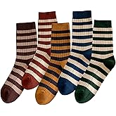 MTKAEWU 5 Pairs Vintage Style Colorful Striped Socks for Women, Cute Athletic Crew Socks