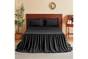 MR&HM Brushed Microfiber Ruffle Skirt Bedspread Set - 30" Long Drop, 3 Piece Queen, Black Shabby Chic Style Bed Spread，French Country Soft Bedspread and Pillow Shams, Vintage Farmhouse Decor