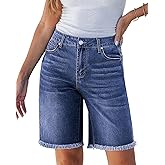 luvamia Jean Bermuda Shorts for Women Trendy Mid Rise Raw Hem Knee Length Stretchy Denim Long Shorts Summer Casual Jorts