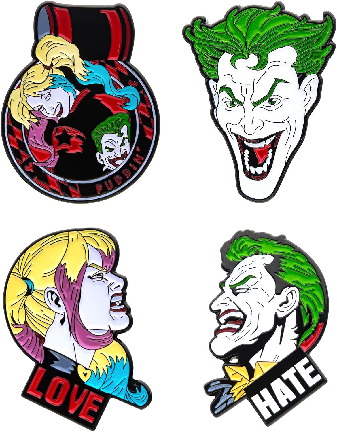 DC Comics Unisex Adult Joker and Harley Quinn Face Enamel Lapel Pin Set (4 piece), Multi Color, One Size, One Size, enamel