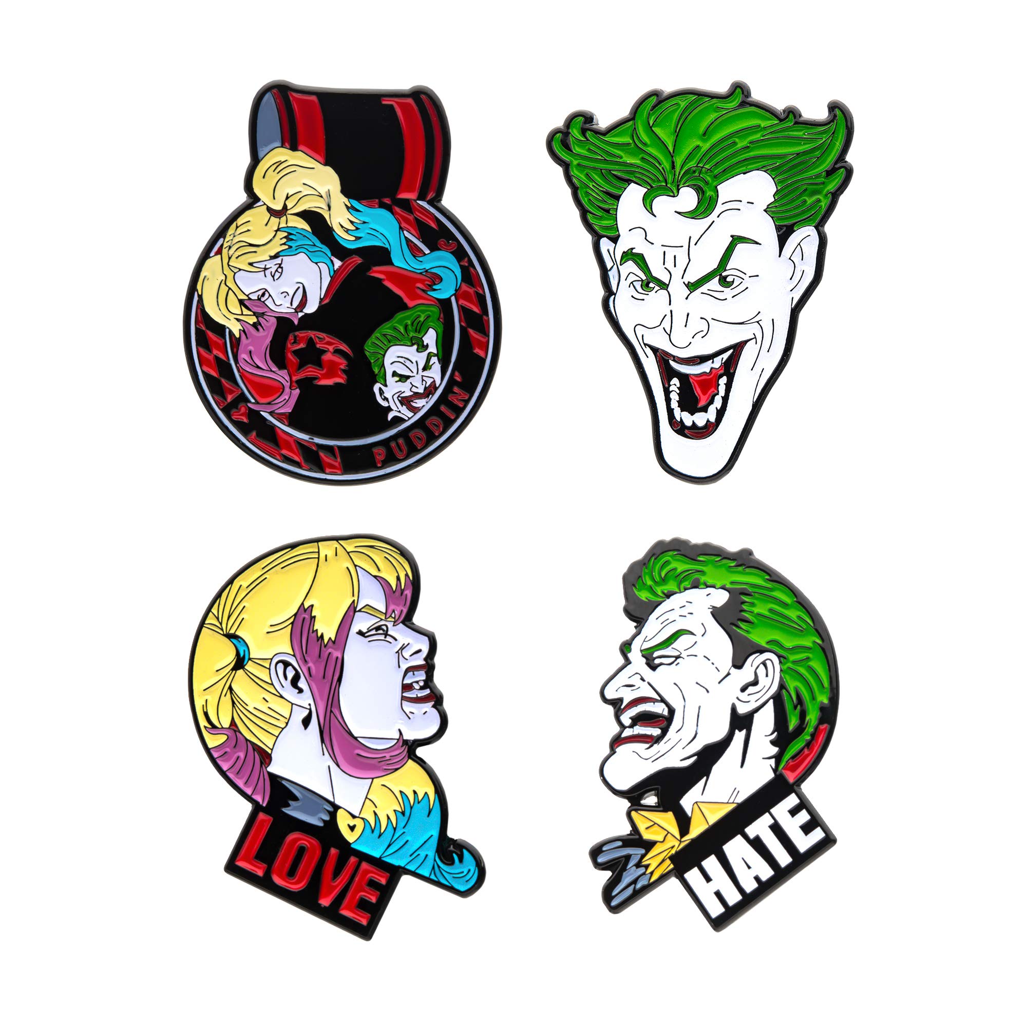 DC Comics Unisex Adult Joker and Harley Quinn Face Enamel Lapel Pin Set (4 piece), Multi Color, One Size, One Size, enamel