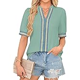 Falechay Womens Summer Tops Short Sleeve Lace V Neck Shirts Business Casual Flowy Boho Blouses Dressy Work Outfit Trendy 2025